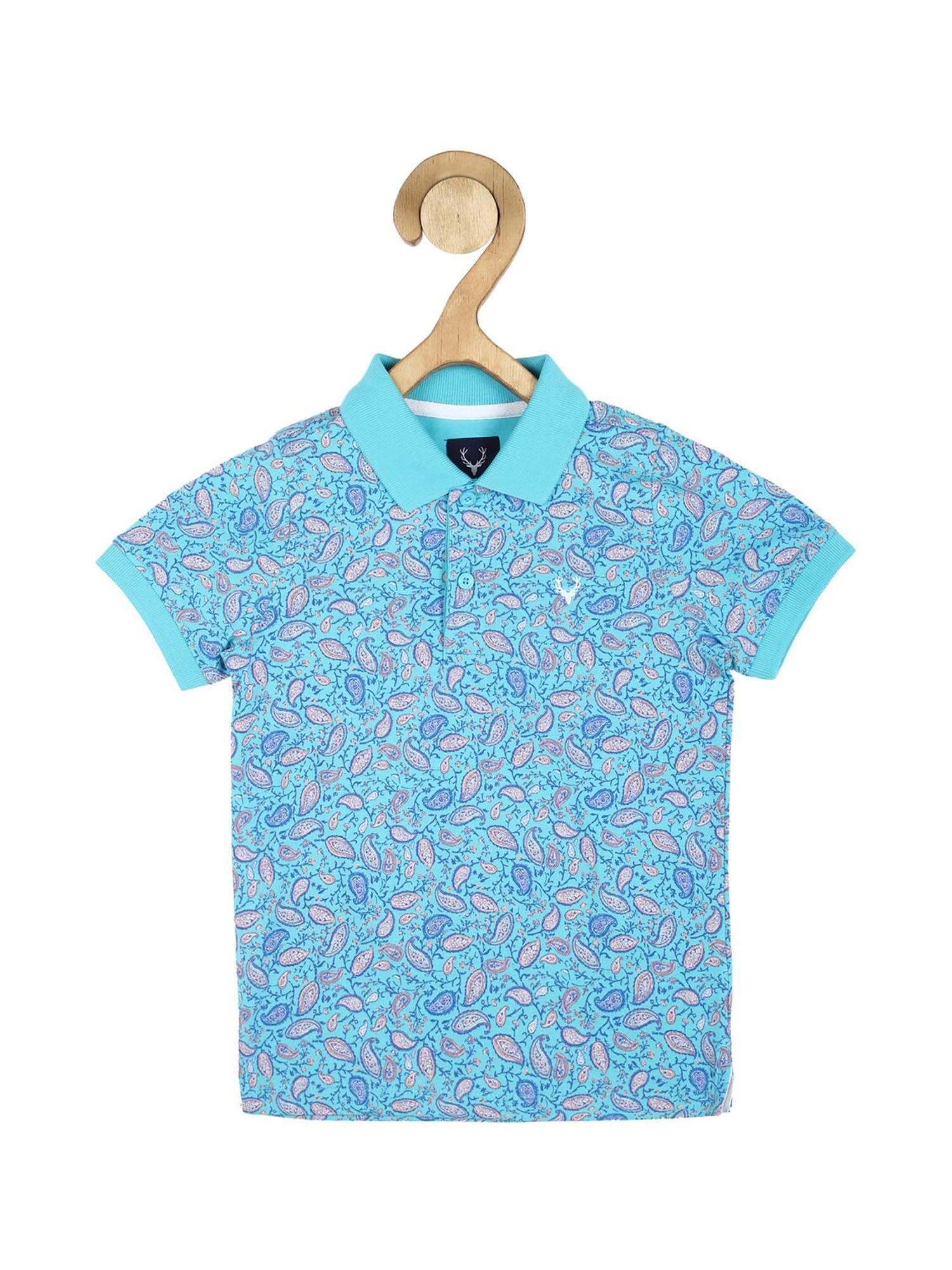 boys blue regular fit print polo neck t-shirt