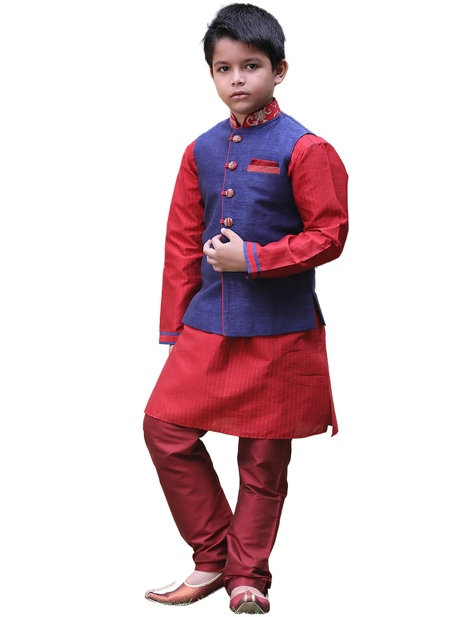 boys blue silk festive kurta jacket churidar (set of 3)