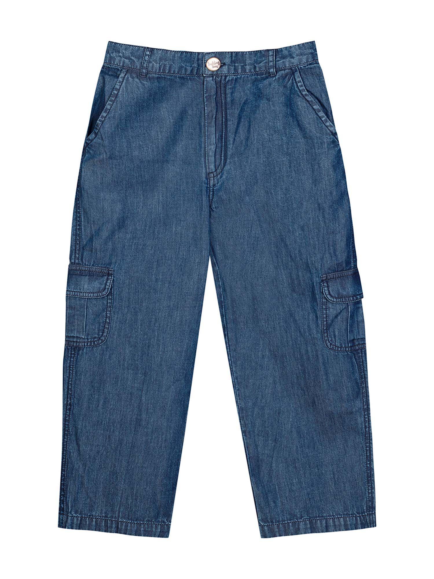 boys blue solid pants with side pocket