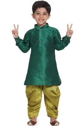 boys bottle green and chutney silk blend kurta and dhoti pant set - green