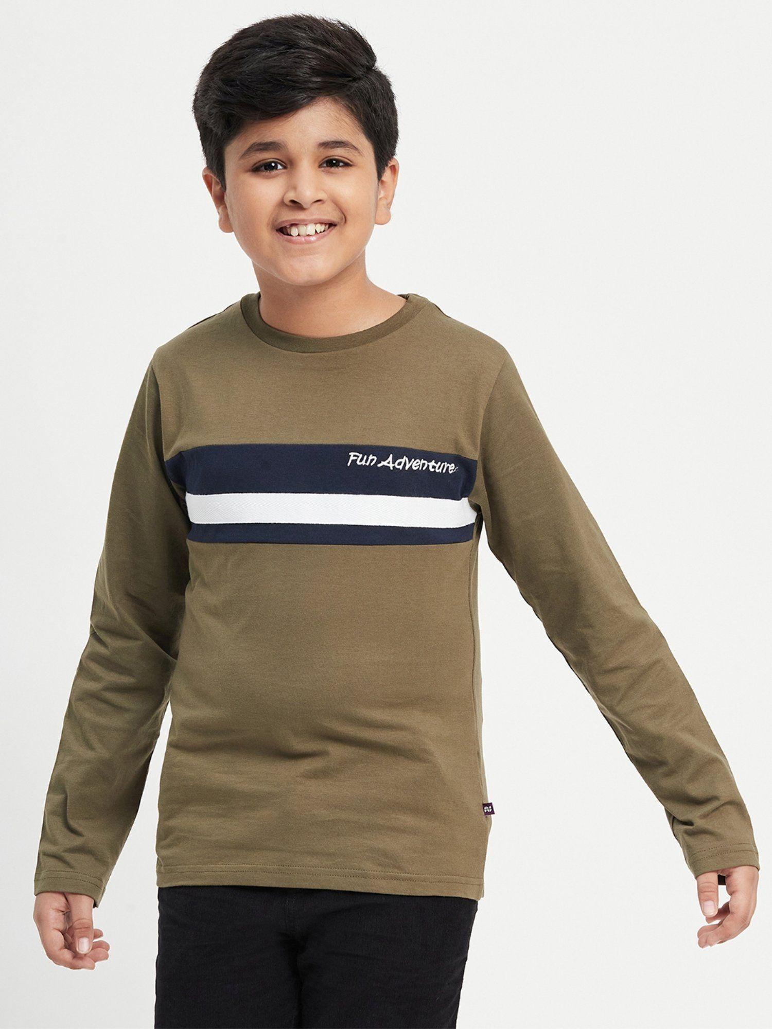boys brown cotton colorblock full sleeves round neck t-shirt