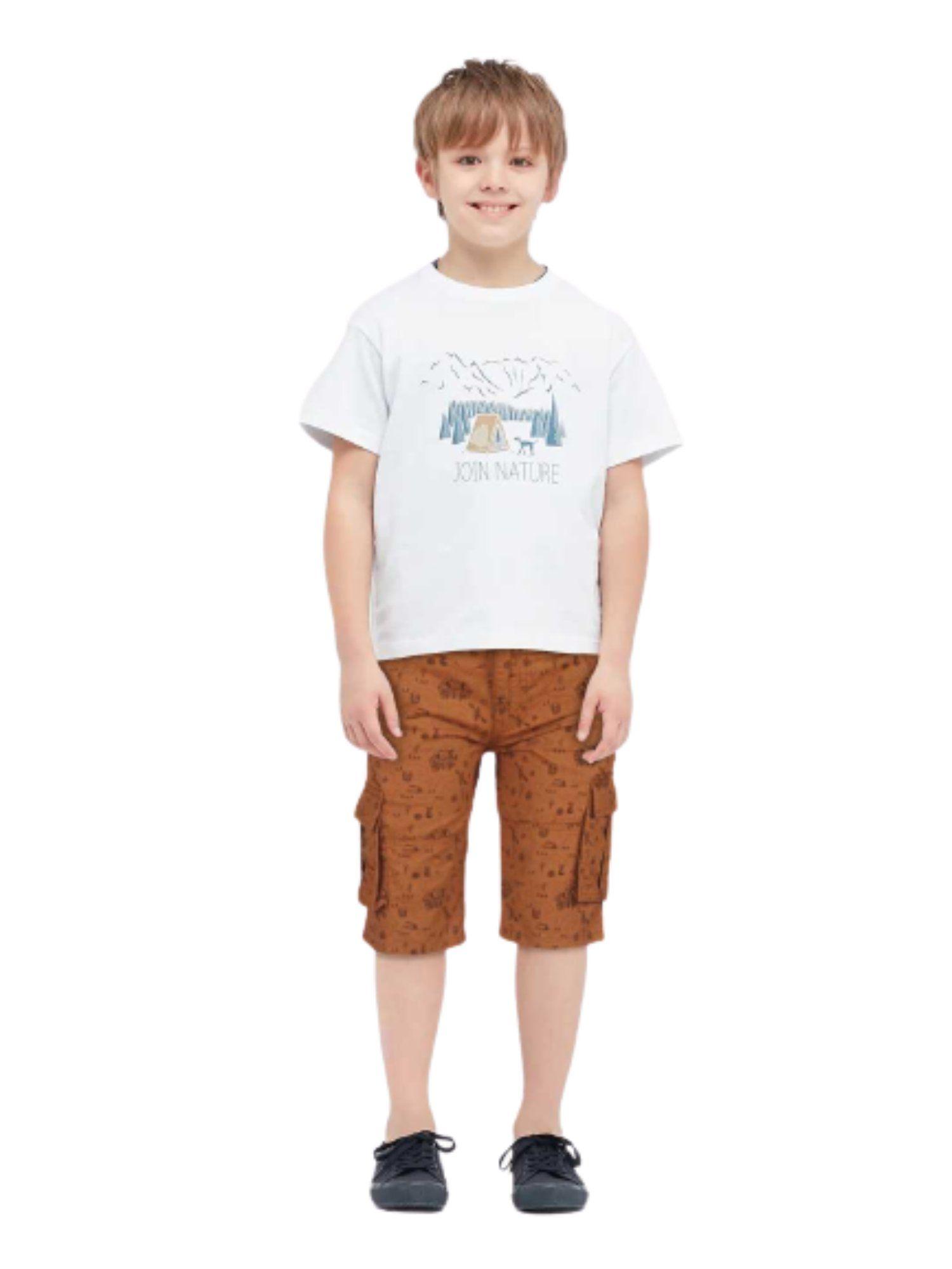 boys brown cotton twill printed fixed waist bermuda