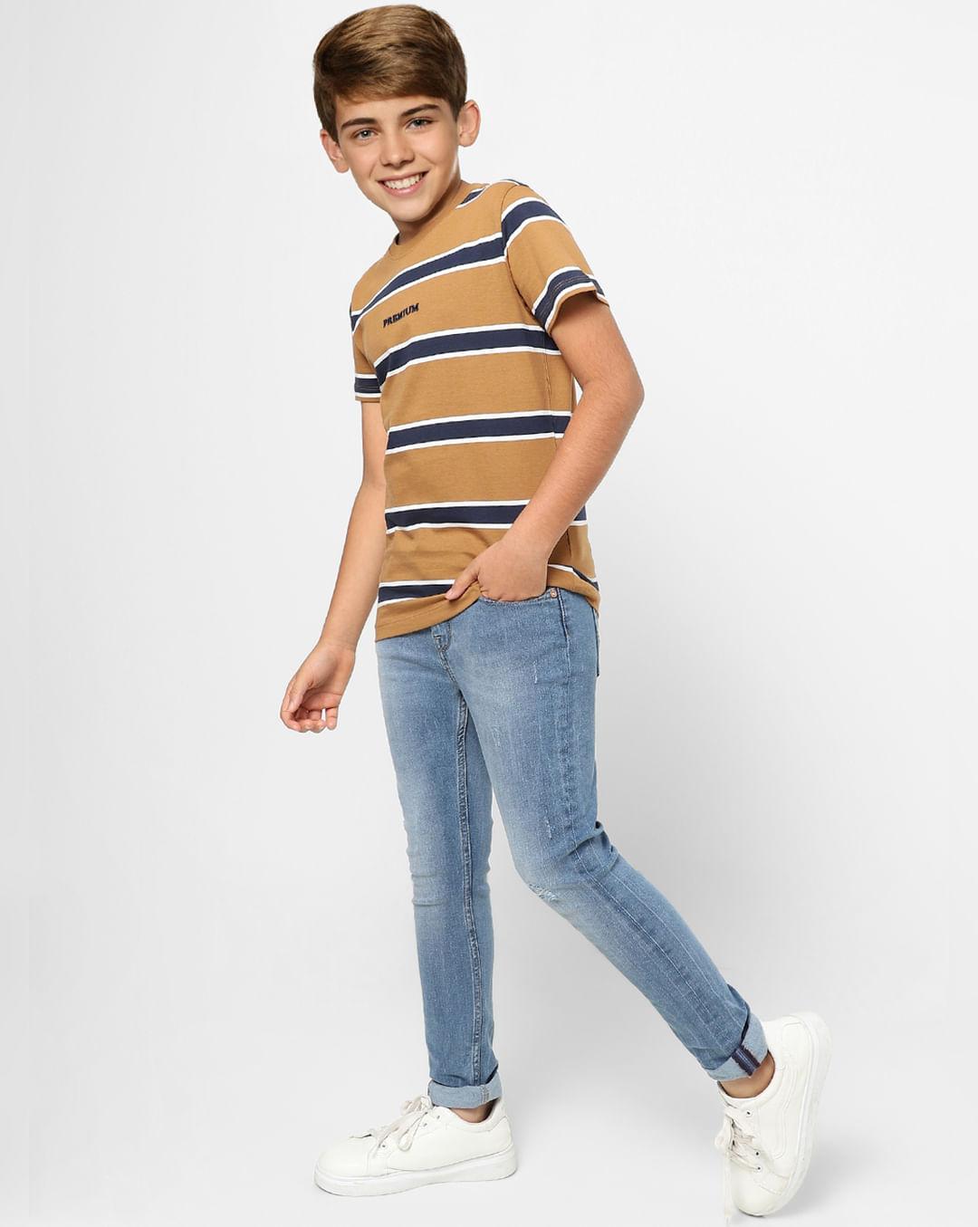 boys brown striped crew neck t-shirt