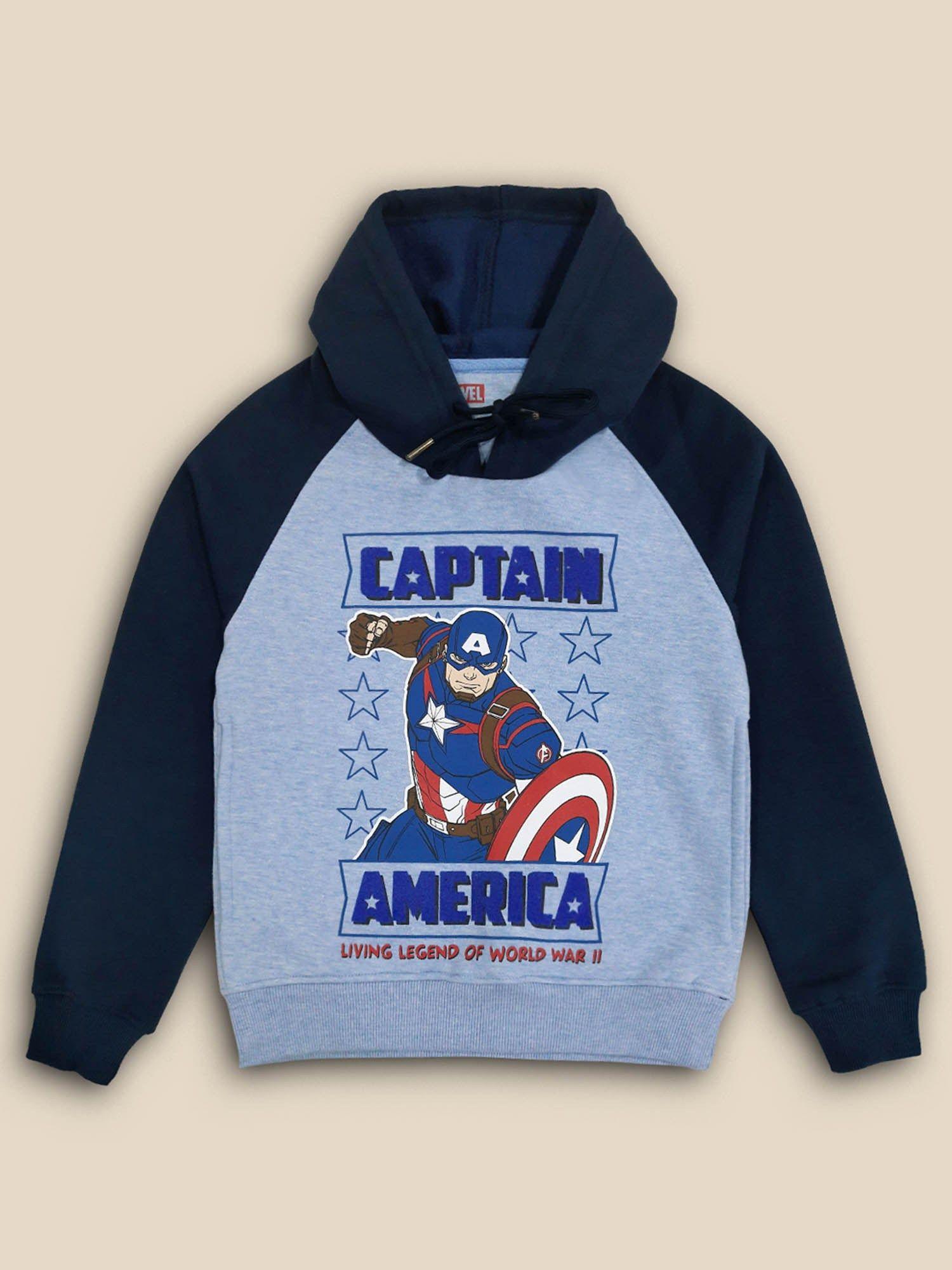 boys captain america printed blue melange hoodie