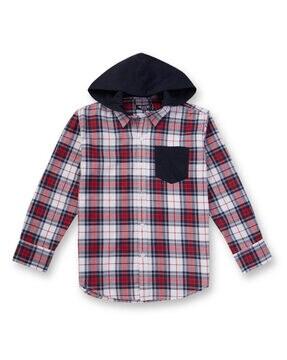 boys checked oversized hooded shirt