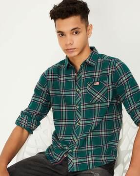 boys checked regular fit shirt with patch pocket