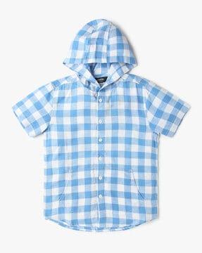 boys checked relaxed fit hooded shirt