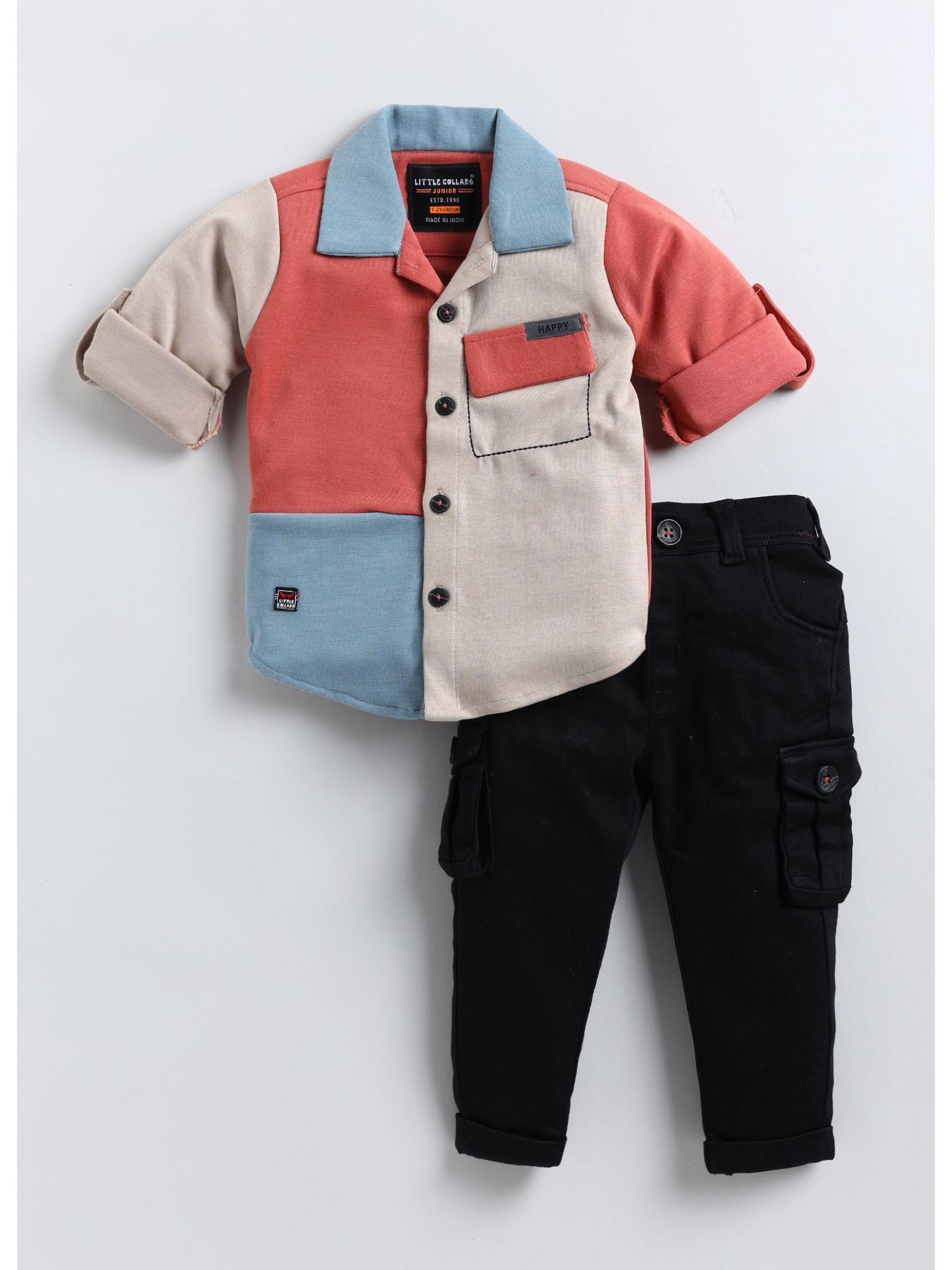 boys colorblock multi colour block overshirt with jeans (set of 2)