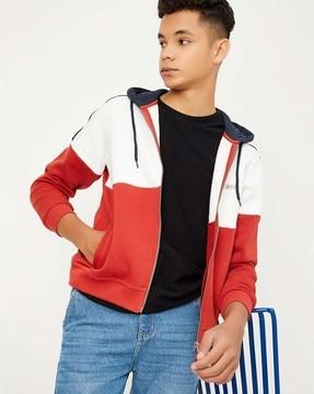 boys colourblock zip-front sweatshirt with insert pockets