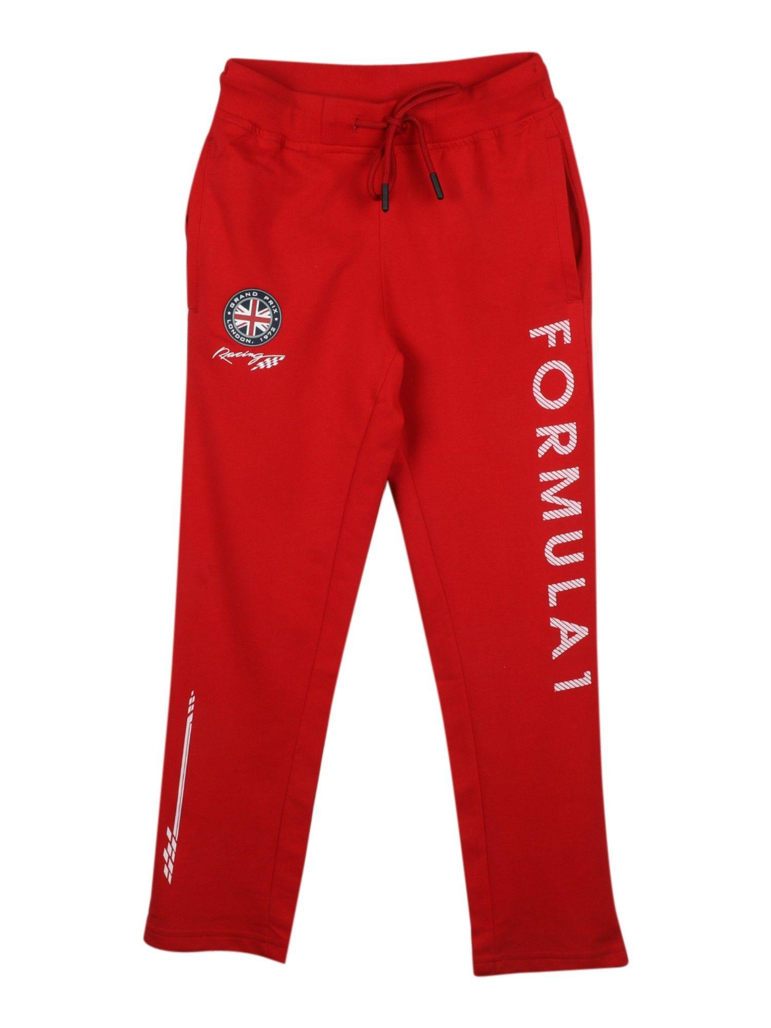 boys cotton blend printed bright red track pants