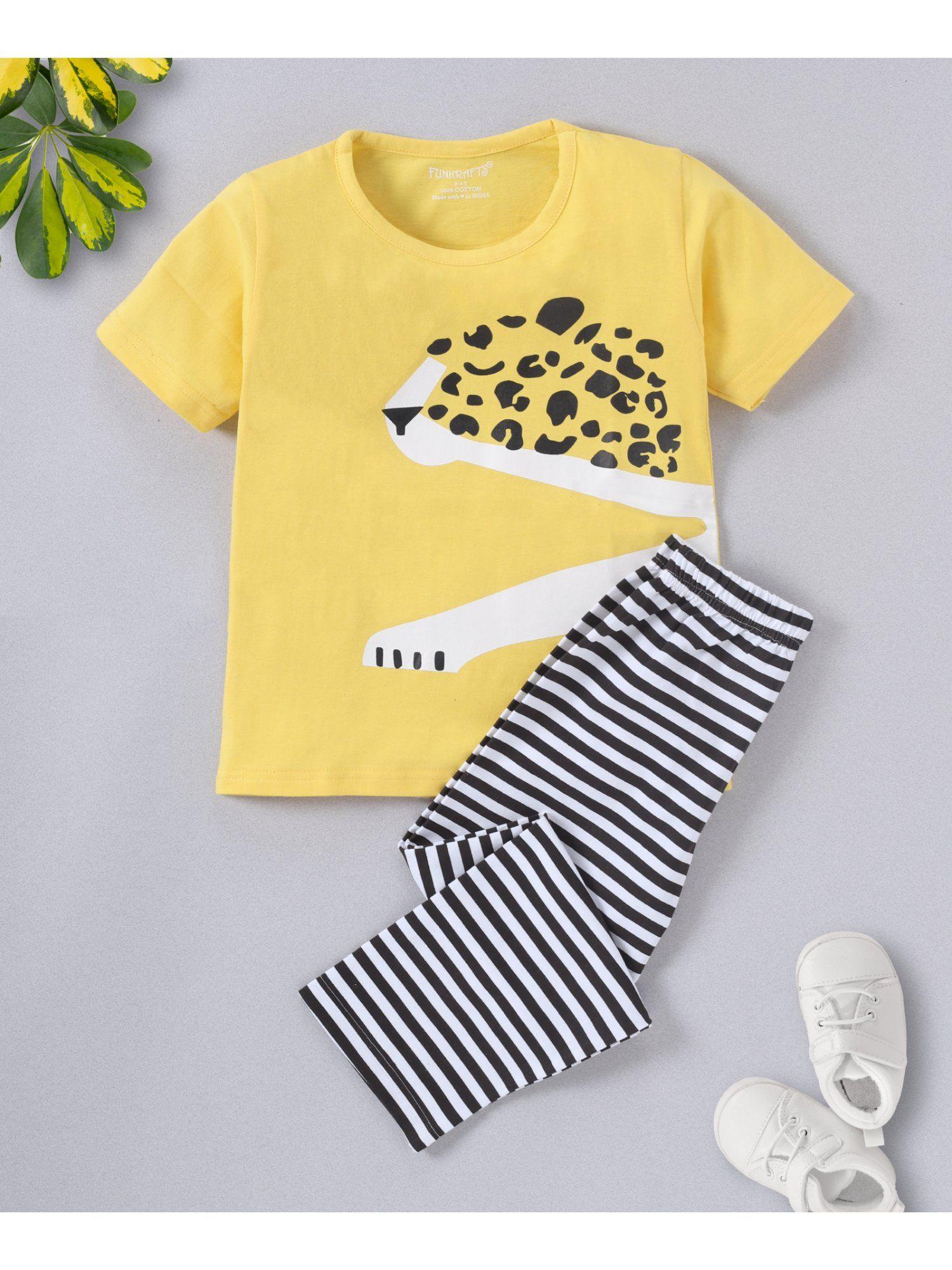 boys cotton half sleeves printed t-shirt & pyjama - yellow (set of 2)