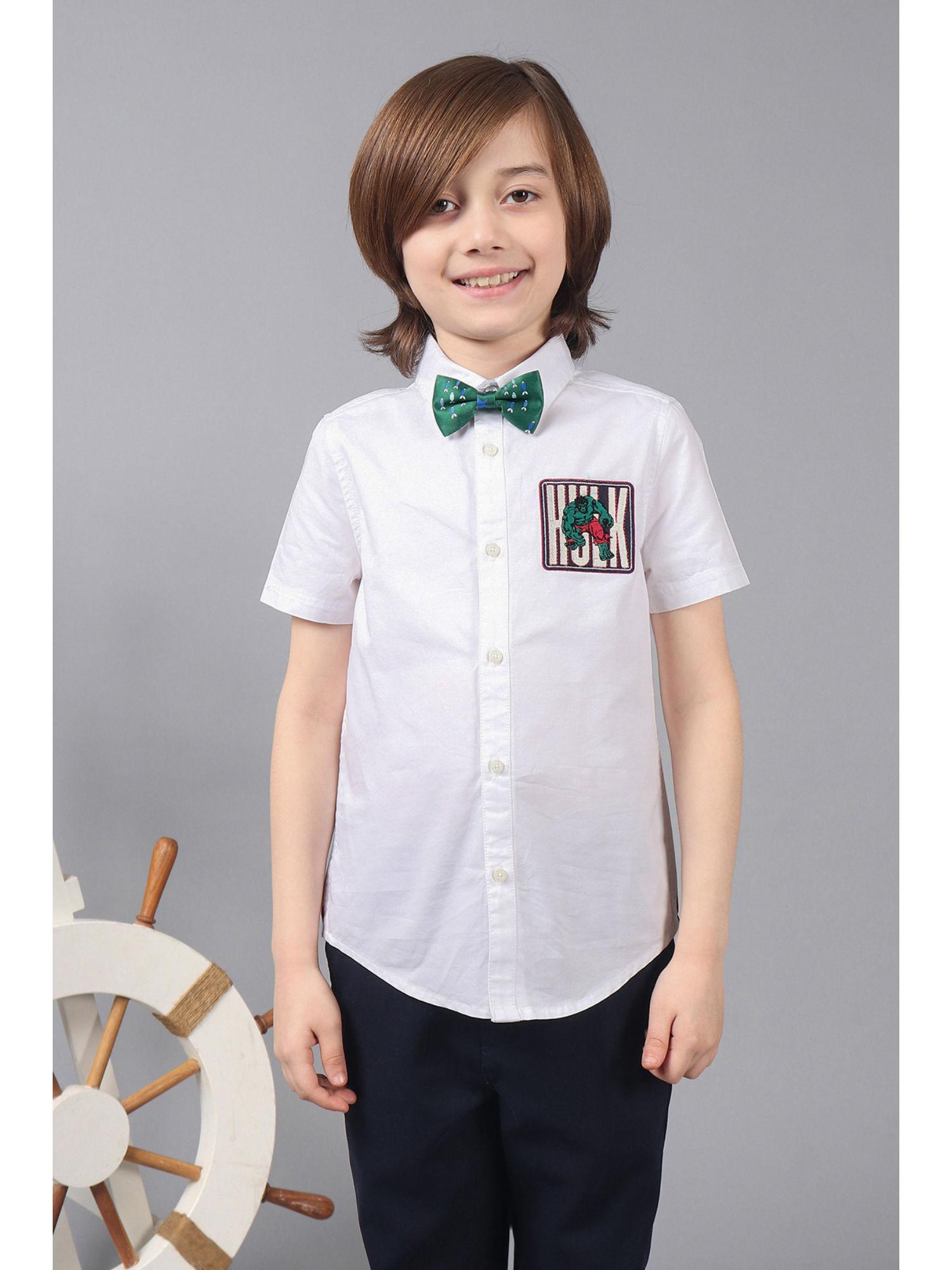 boys cotton white short sleeve shirt with hulk embroidery