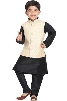 boys cream and black silk blend kurta, ethnic jacket and pyjama set - natural