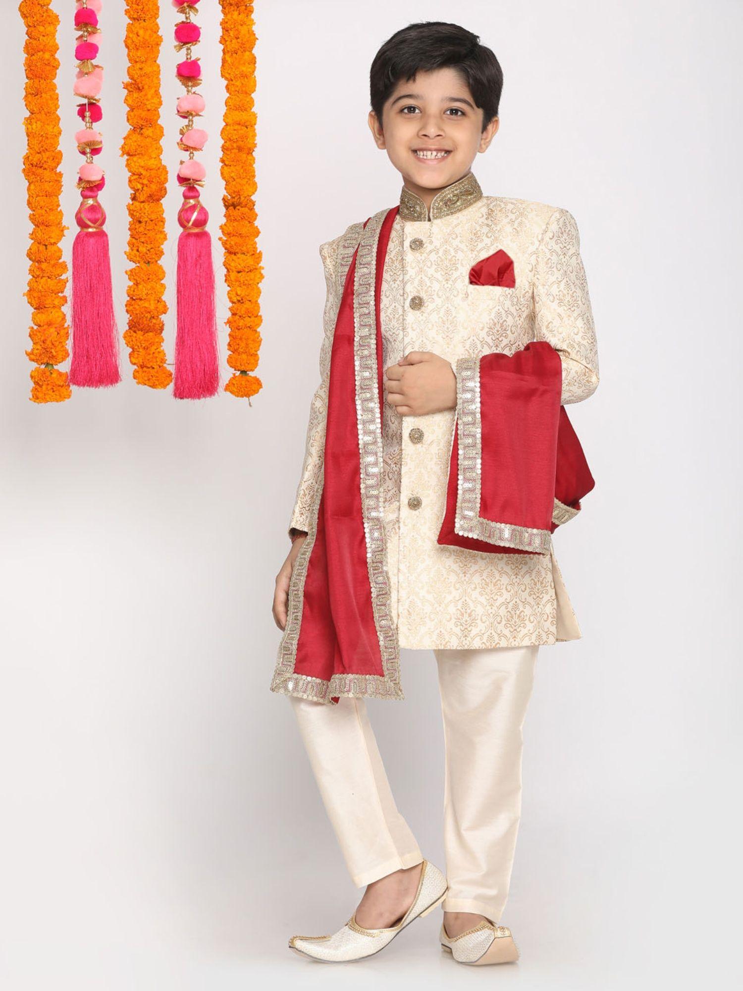 boys cream sherwani and embellished dupatta (set of 3)