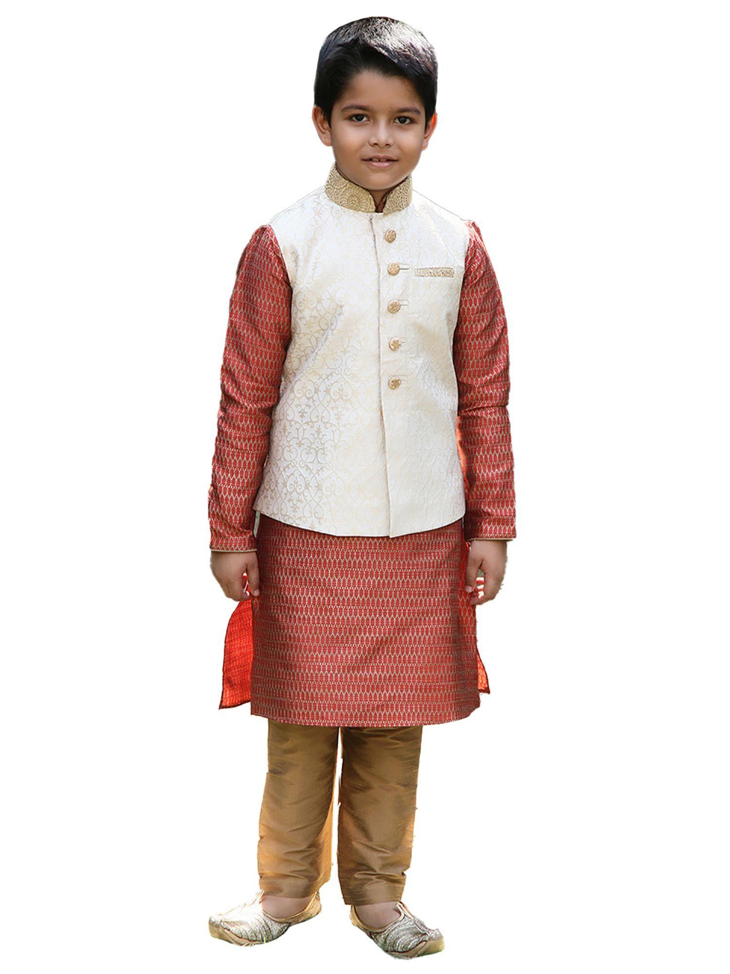 boys cream silk festive kurta jacket churidar (set of 3)