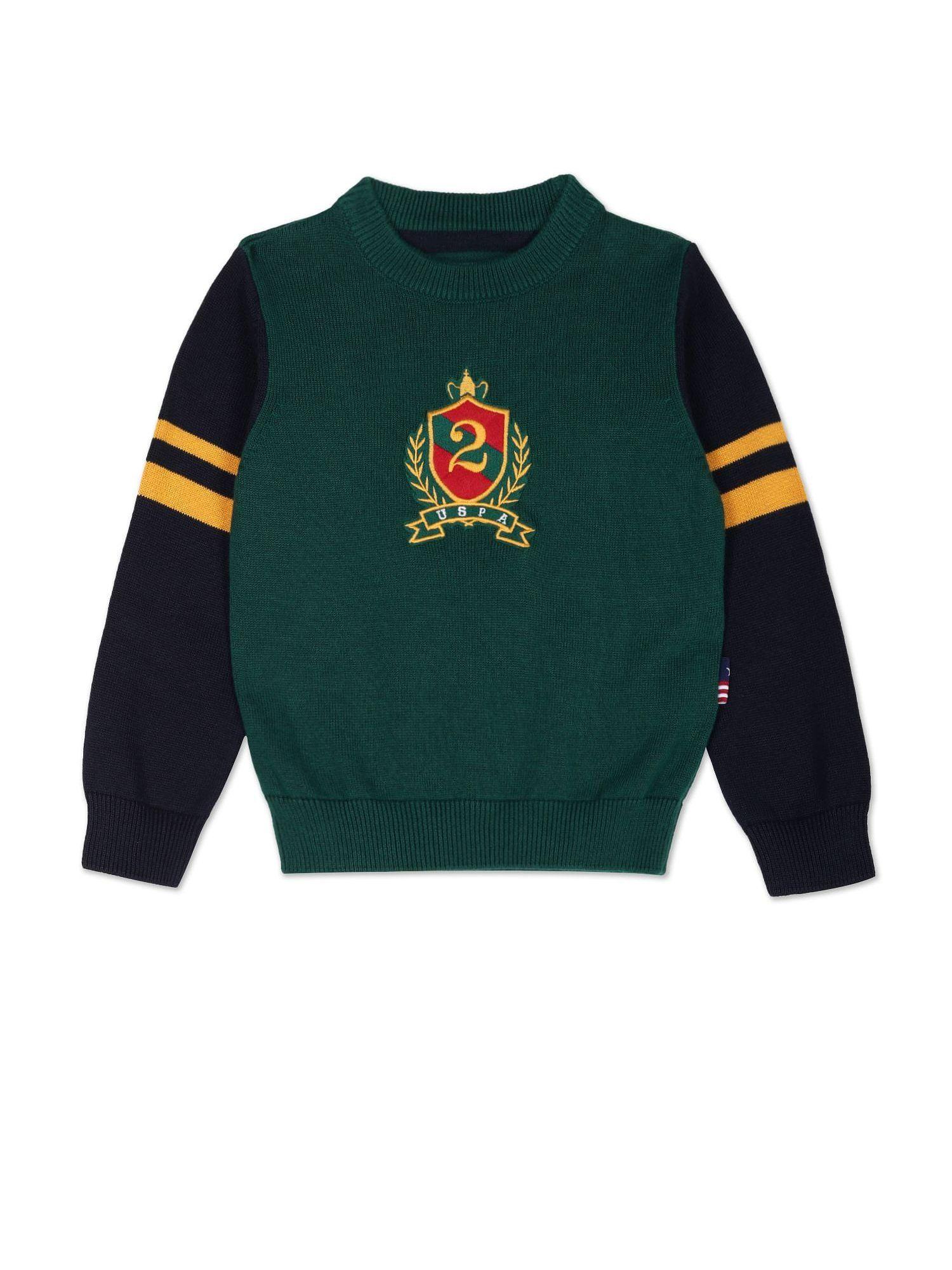 boys dark green embroidered crest colour block sweater