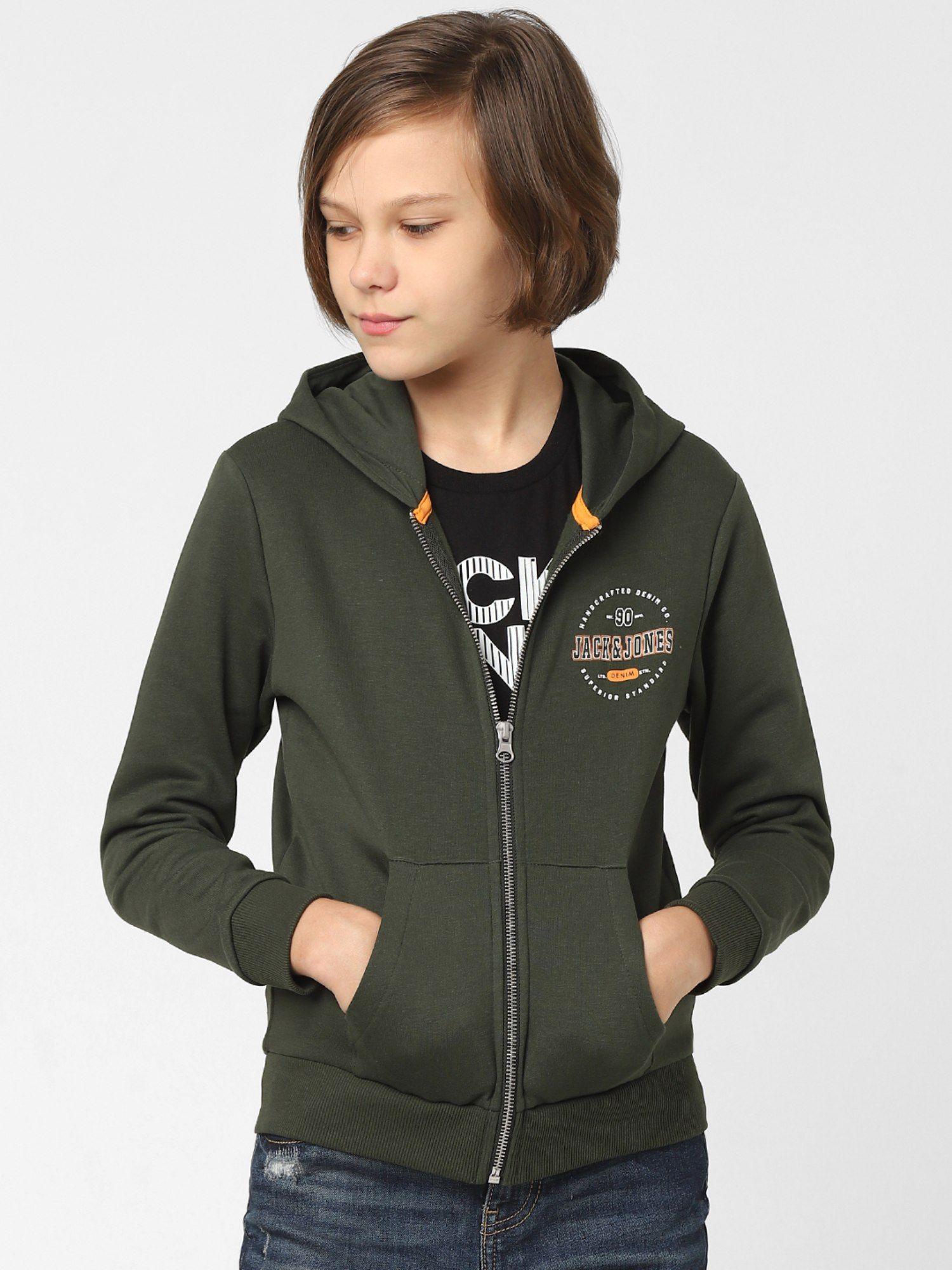 boys dark green zip-up sweatshirt