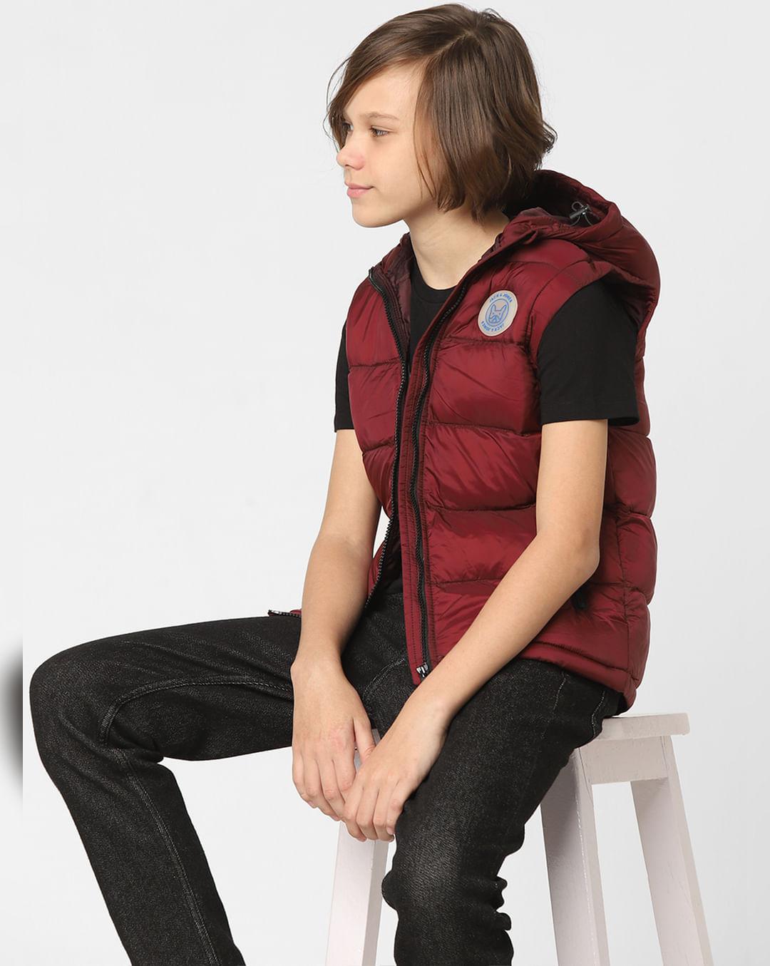 boys dark red hooded puffer jacket