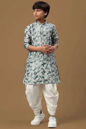 boys digital print firozi silk elegant ethnic attire kurta set - green