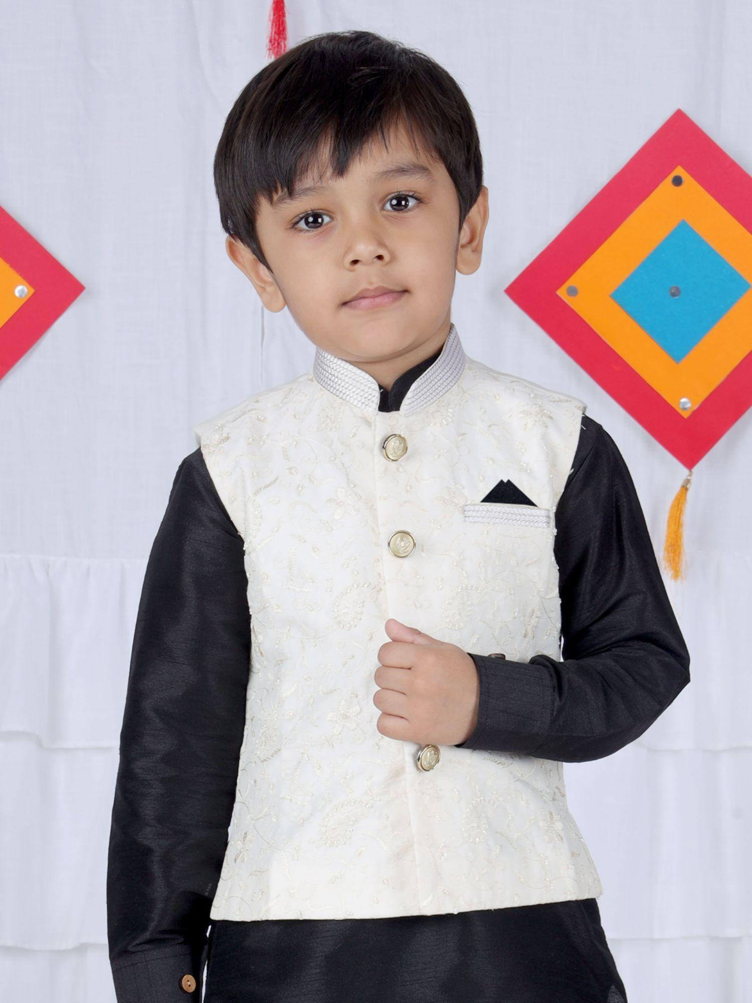 boys ethnic festive sequence hand embroidery nehru jacket - cream