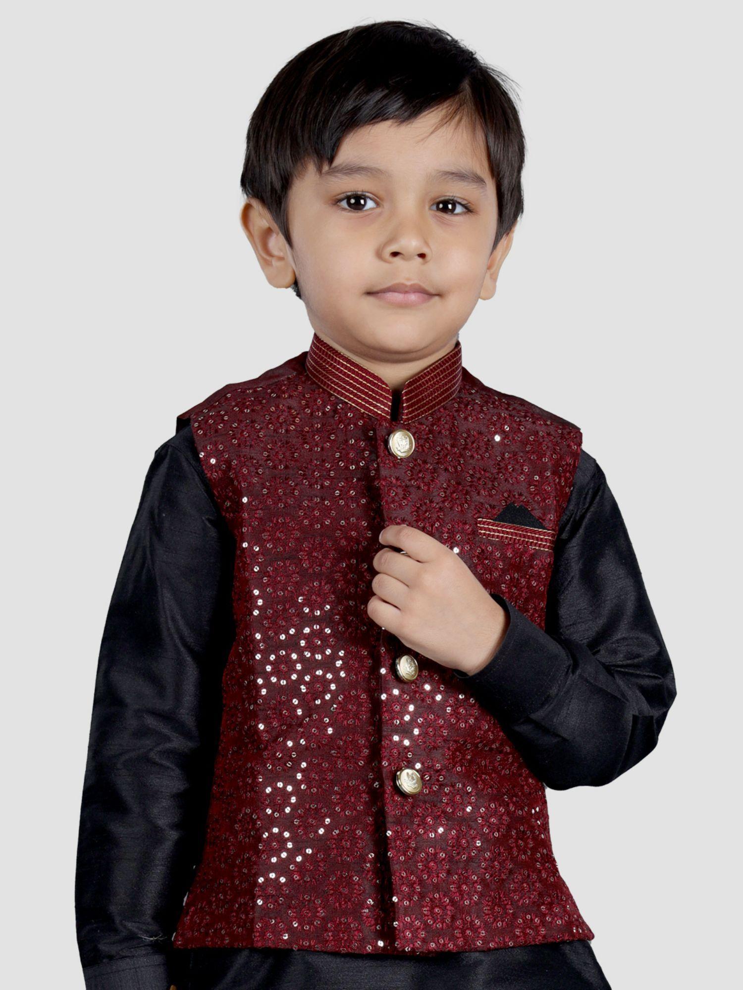 boys ethnic festive sequence hand embroidery nehru jacket - wine