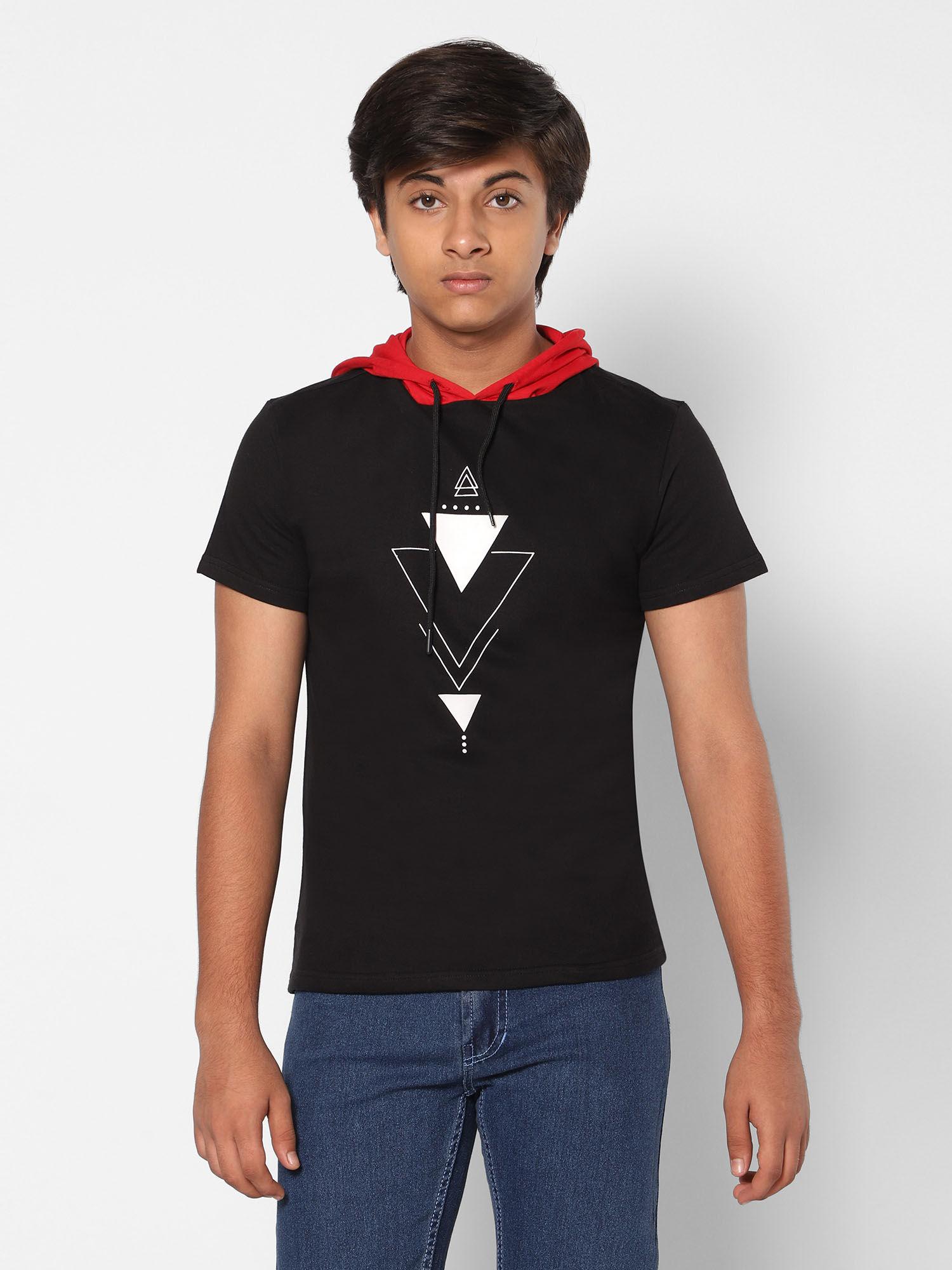 boys fashion black t-shirt with hoodie geometric art