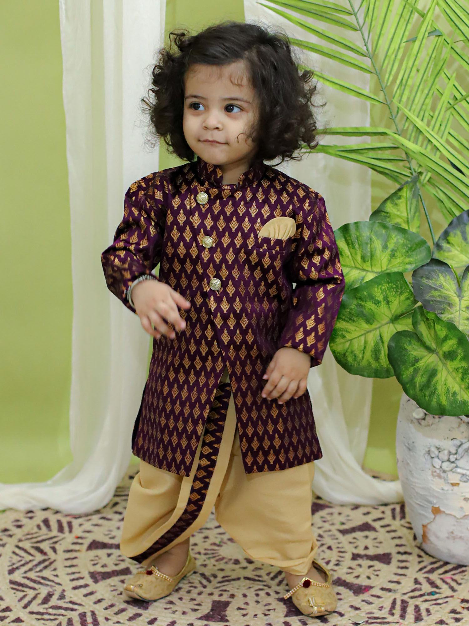 boys festive wear jacquard full sleeve sherwani with dhoti purple (set of 2)