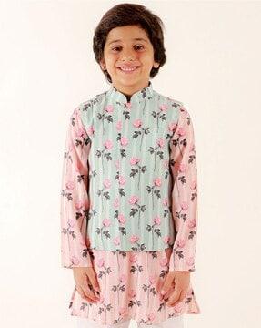 boys floral print jacket with mandarin-collar