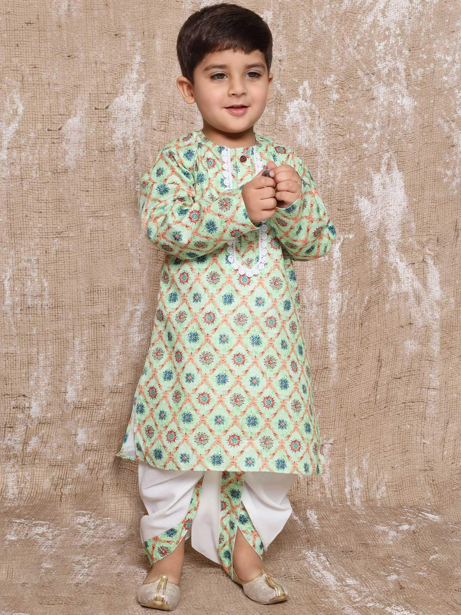 boys floral print pure cotton dhoti with kurta green (set of 2)