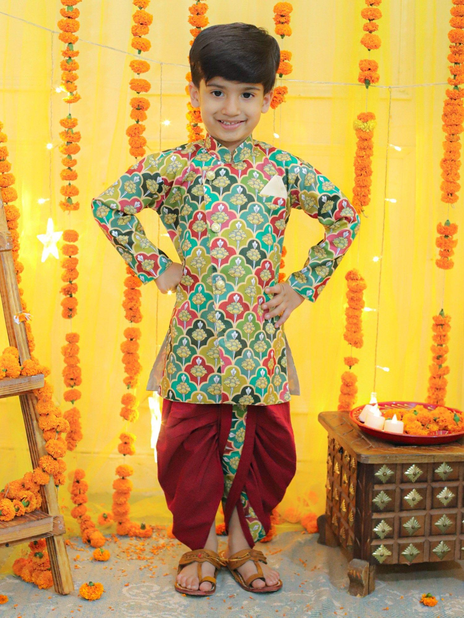 boys floral printed full sleeve sherwani with cotton dhoti multi (set of 2)