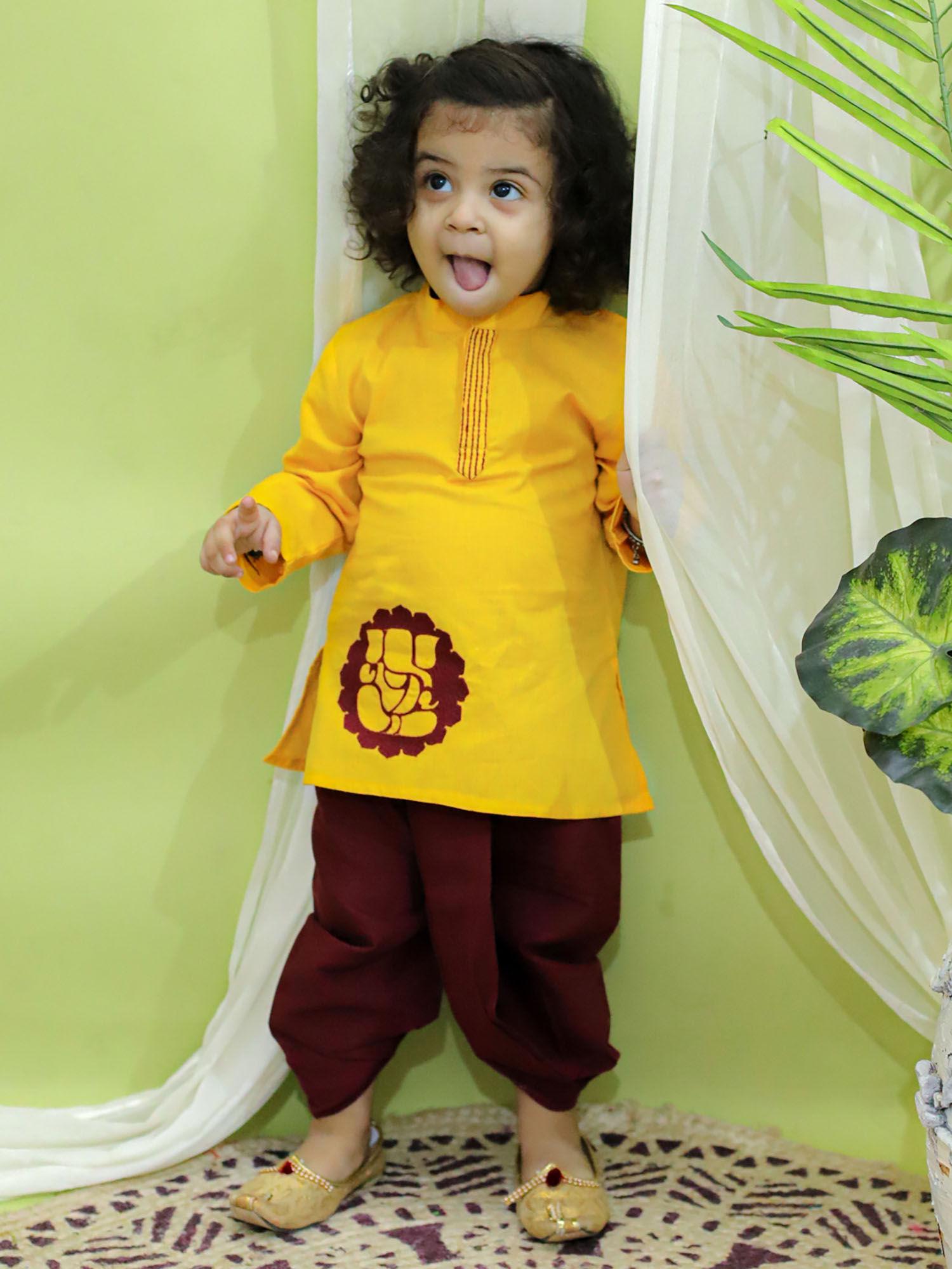 boys ganesh embroidery cotton dhoti kurta yellow (set of 2)