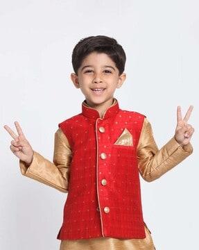 boys geometric print nehru jacket with mandarin collar