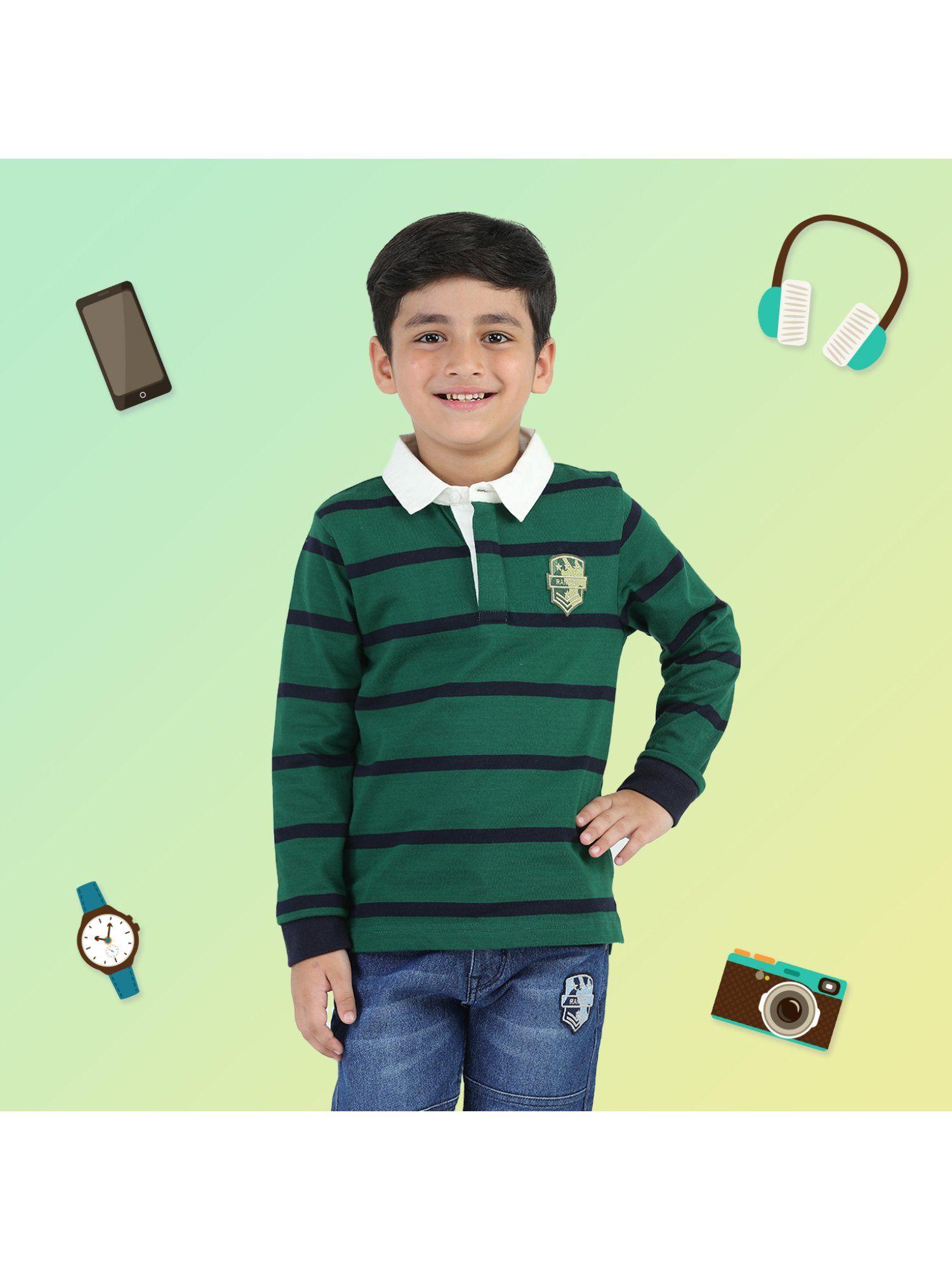 boys green cotton stripes full sleeves collar neck polo t-shirt