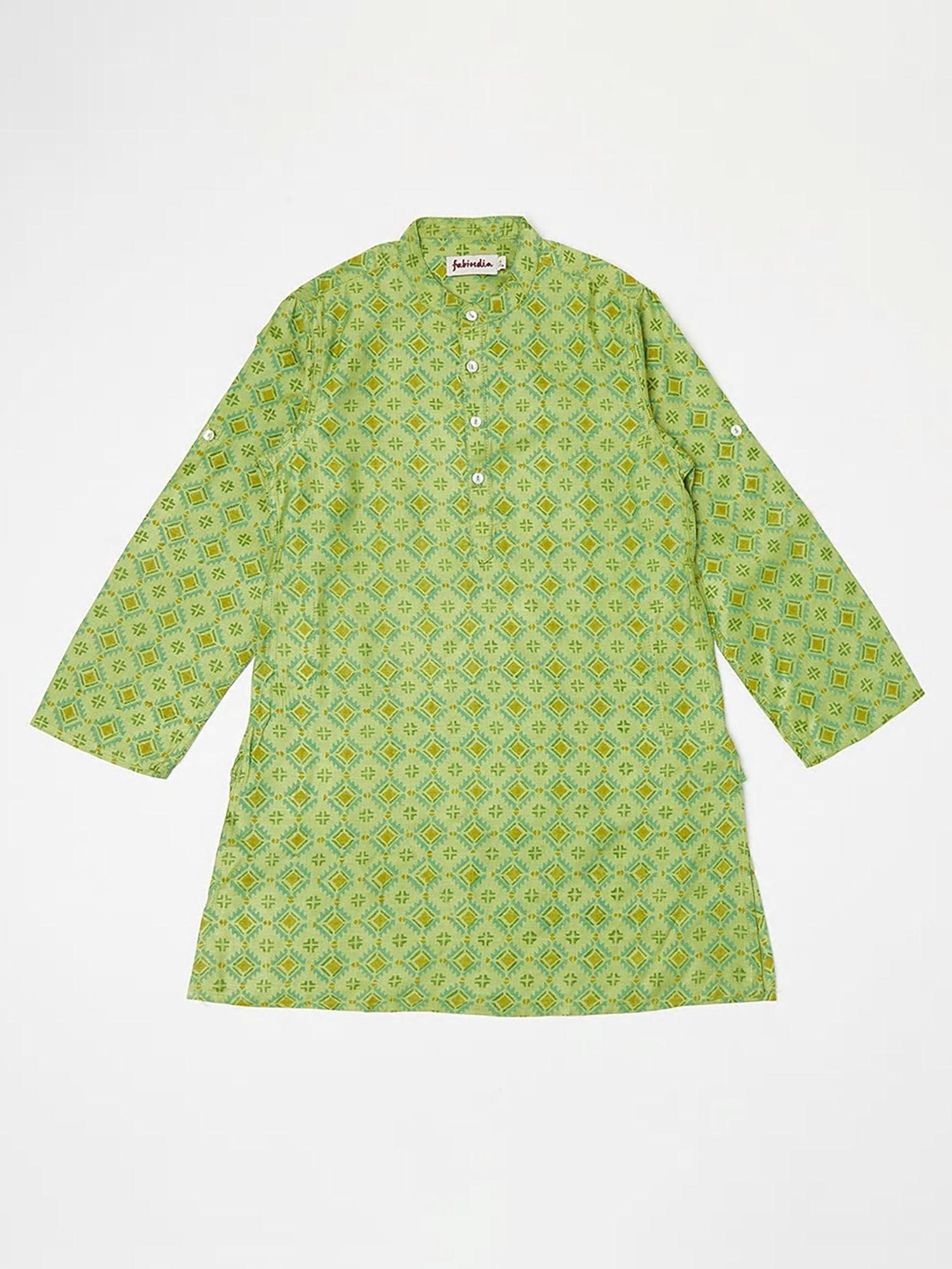 boys green printed kurta