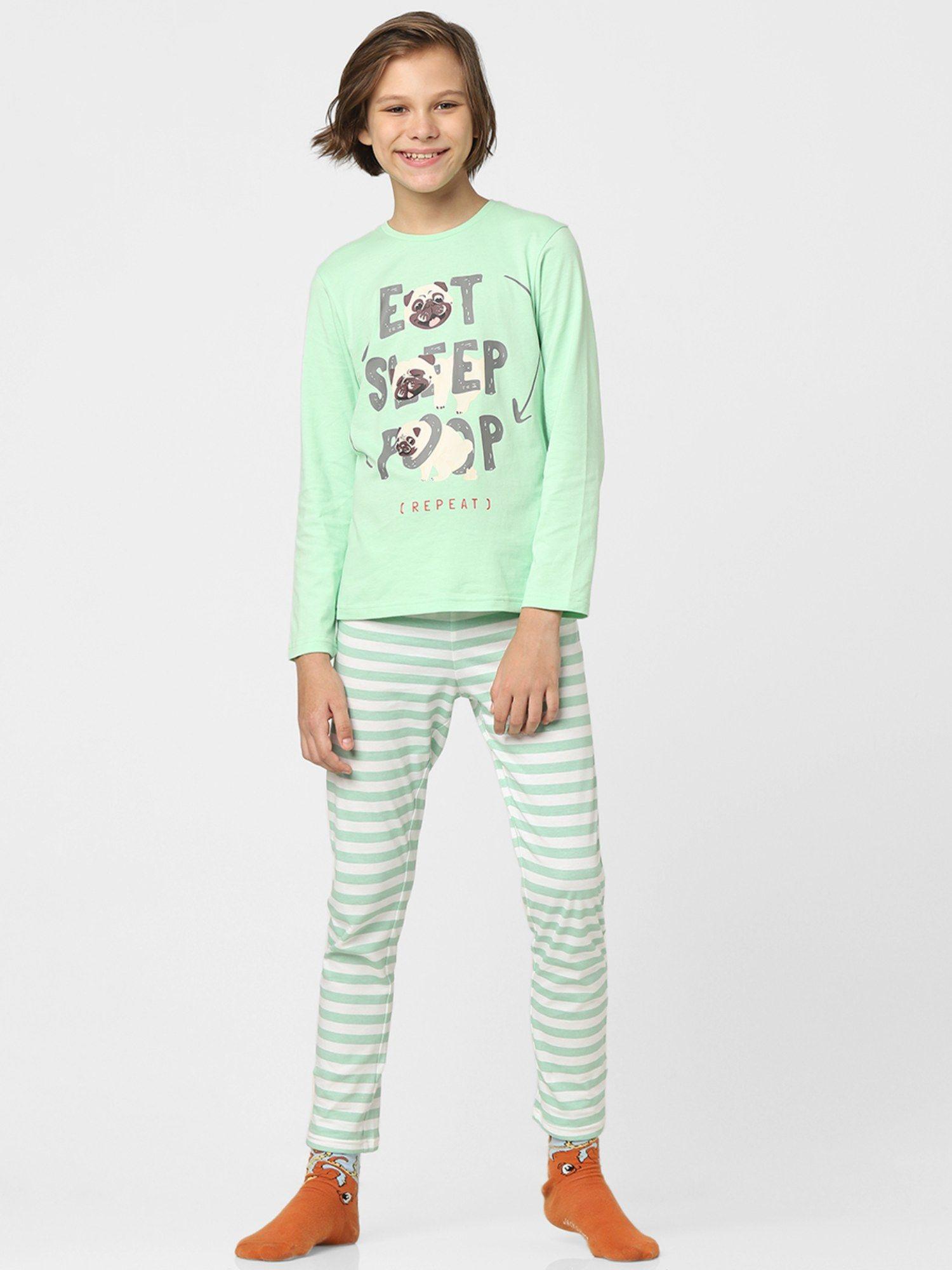 boys green printed t-shirts &amp; pyjama night suit set