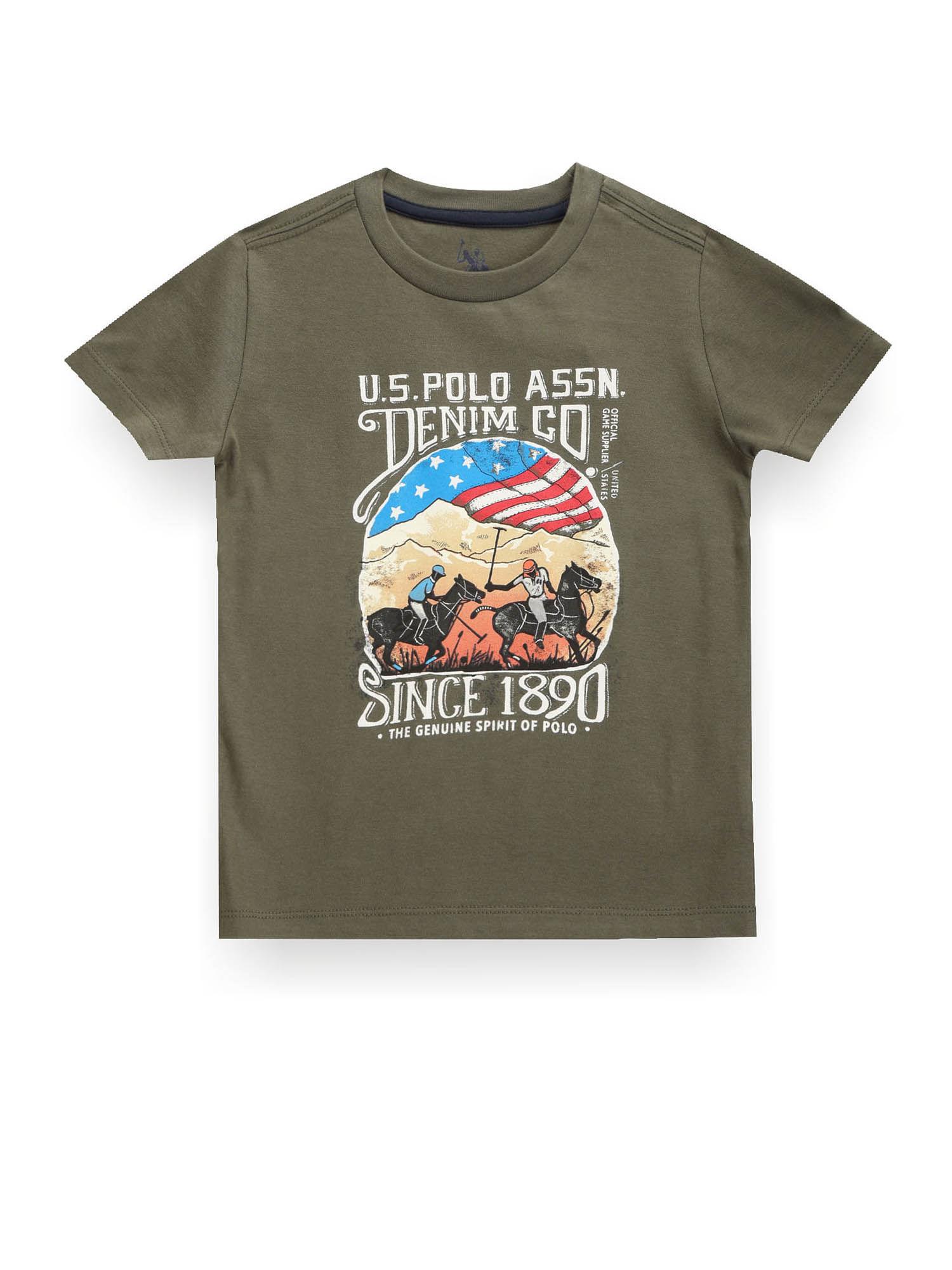 boys green round neck brand print t-shirt