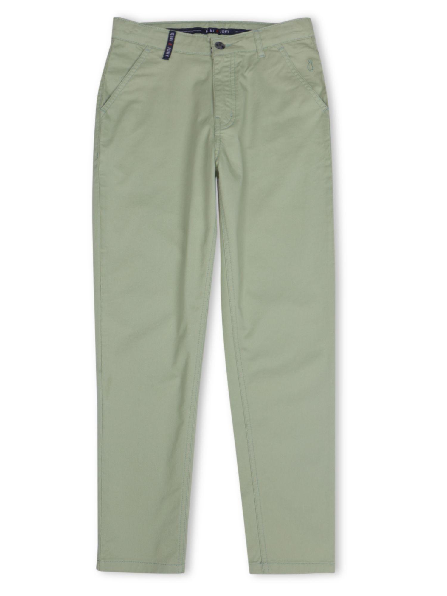 boys green solid cotton fixed waist trouser