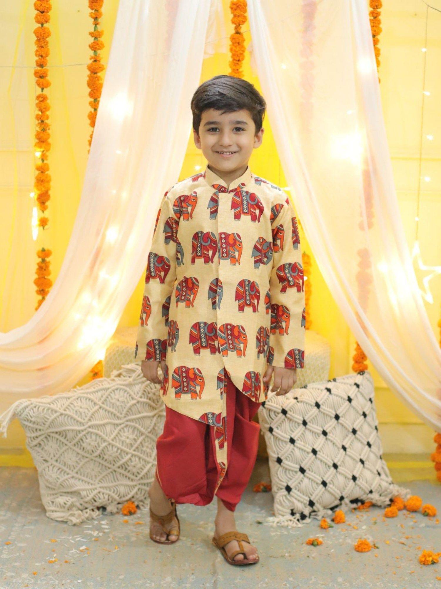 boys hathi print full sleeve sherwani red (set of 2)