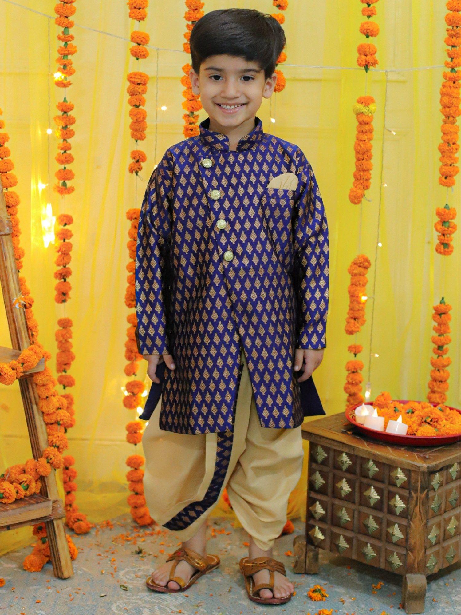 boys jacquard full sleeve sherwani with dhoti blue (set of 2)