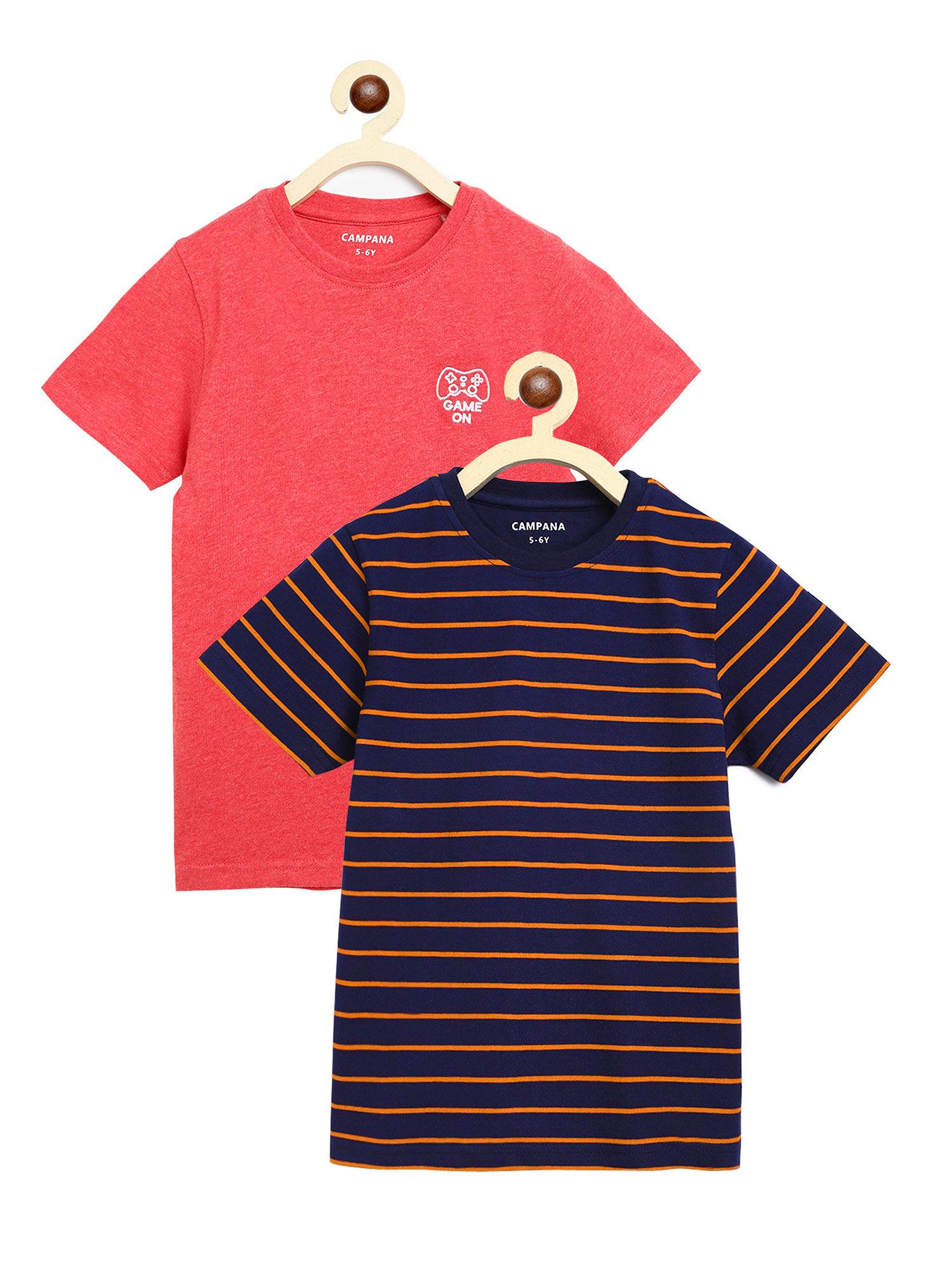 boys jordan pack of 2 round neck t-shirts-navy stripe & coral red mel