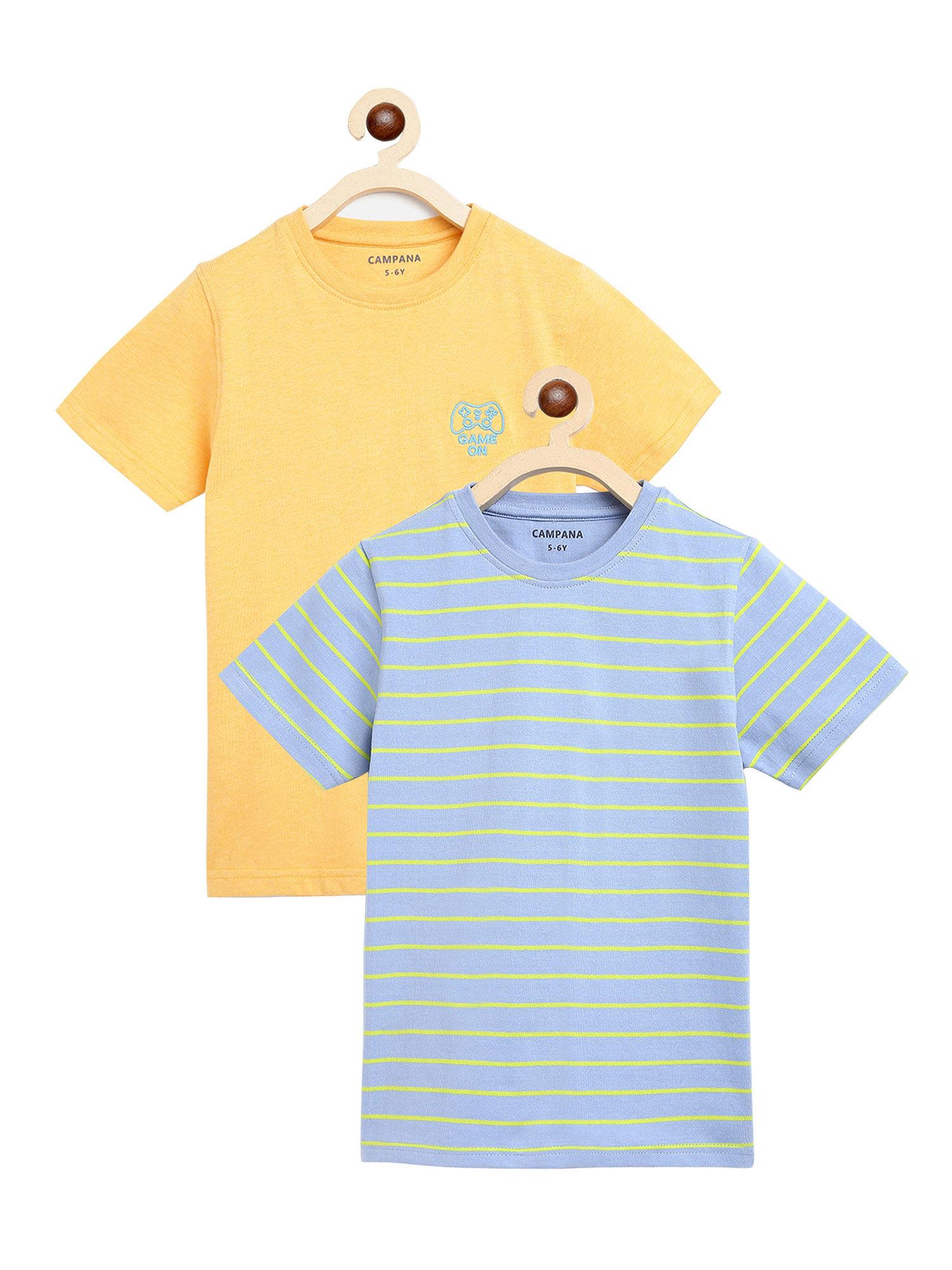 boys jordan pack of 2 round neck t-shirts-powder blue stripe & yellow mel