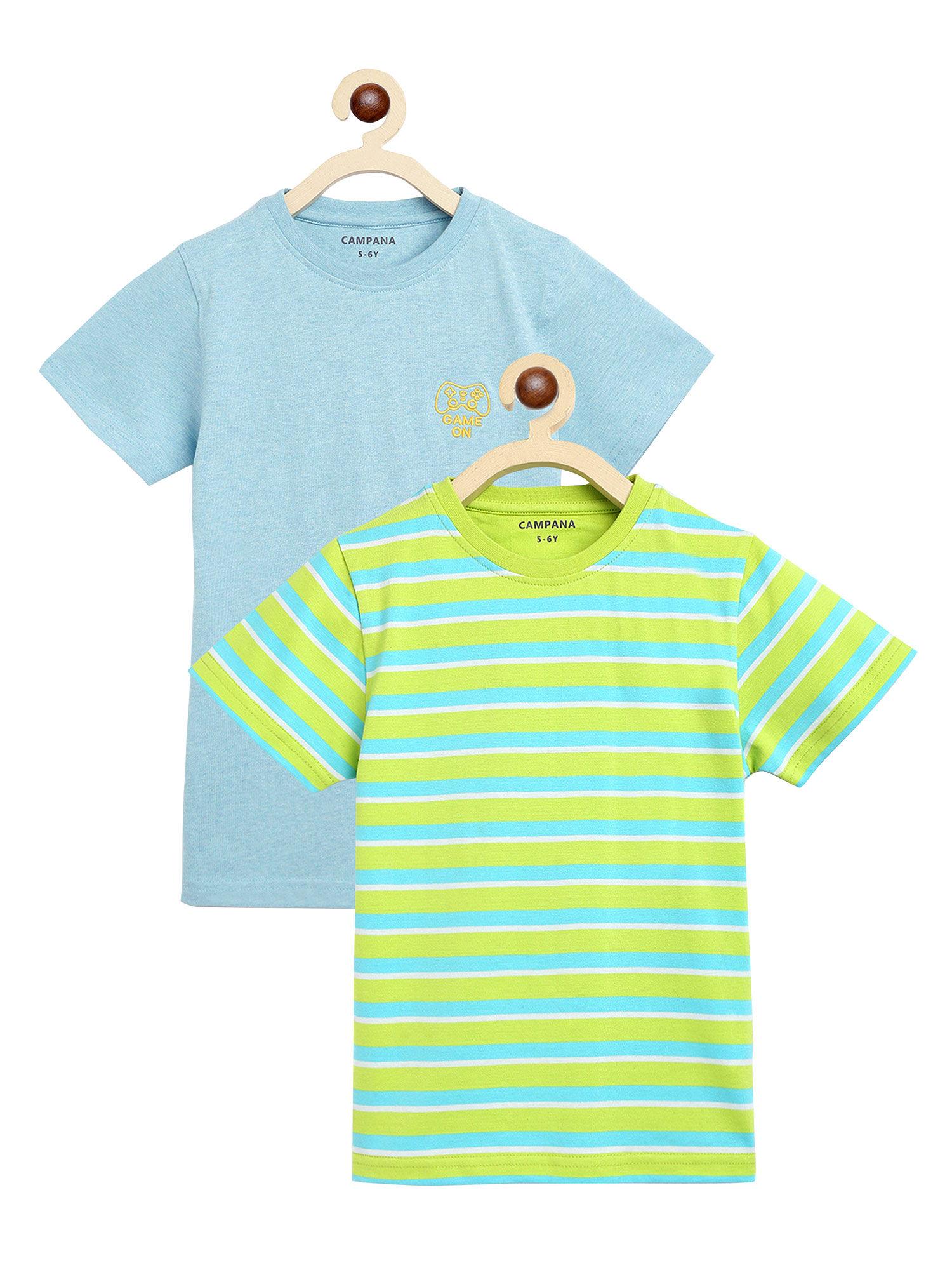 boys jordan pack of 2 round neck t-shirts-turquoise stripe & ice blue mel