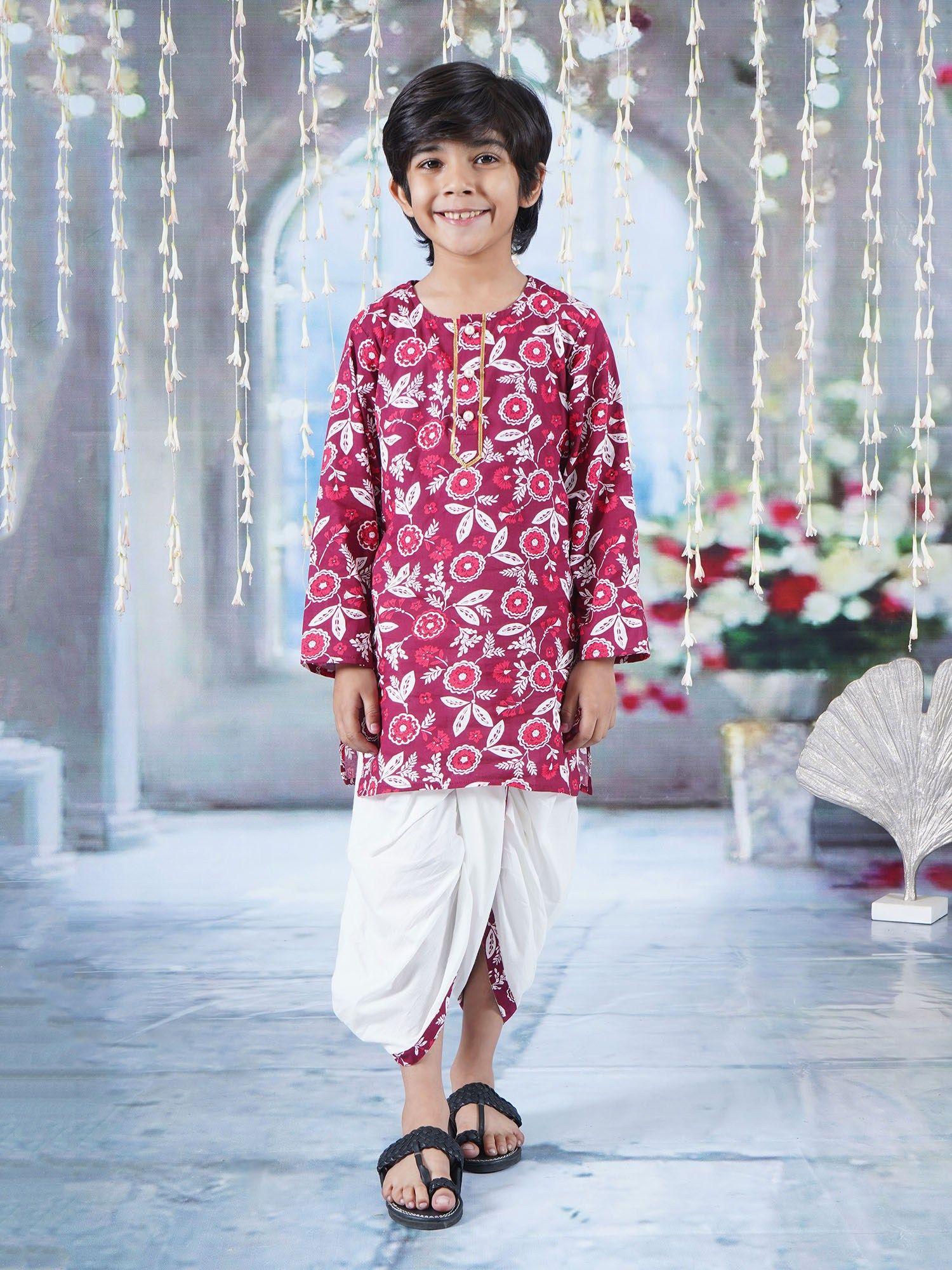 boys kurta dhoti with floral and pearl buttons maroon (set of 2)