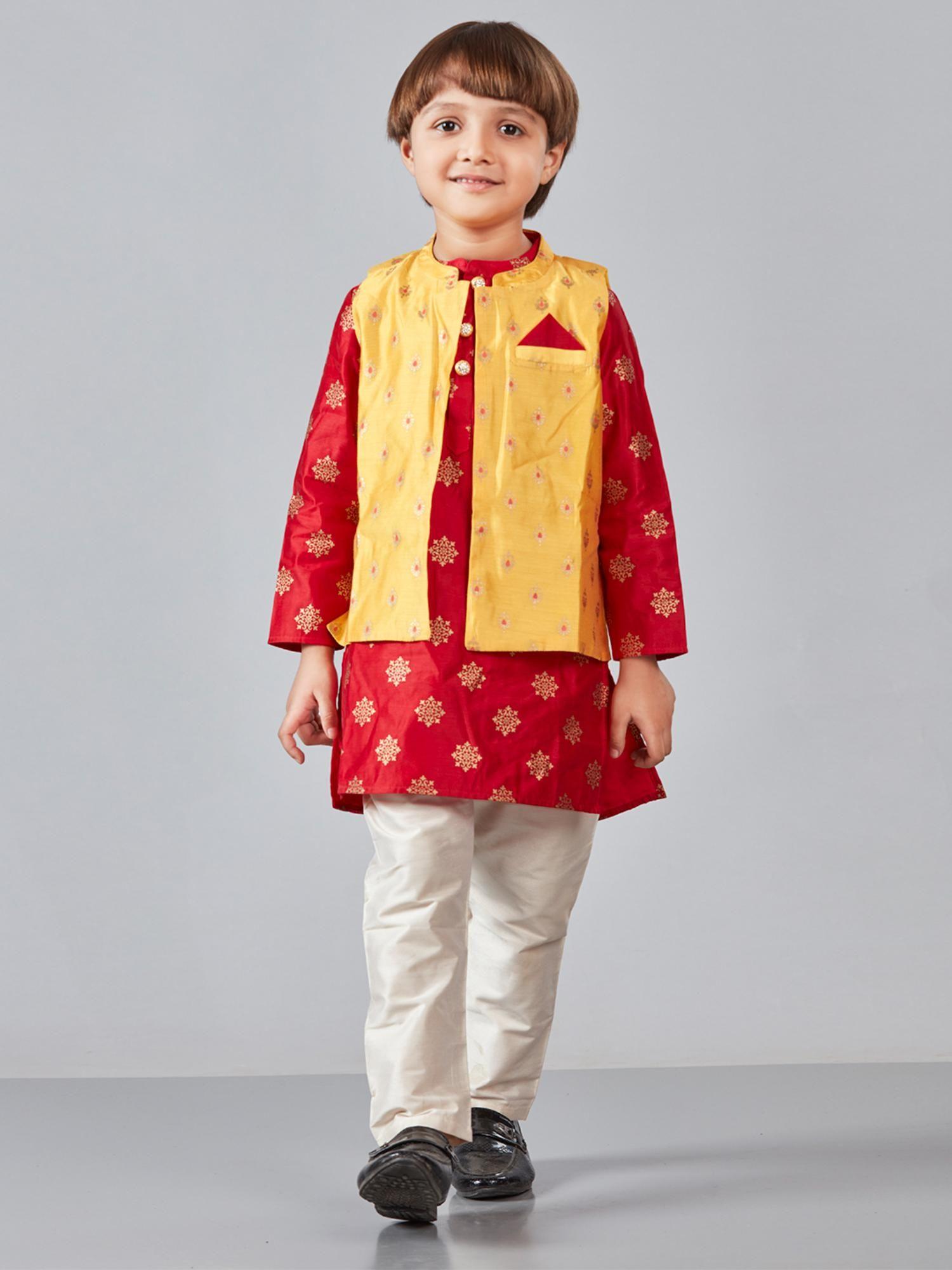 boys kurta pyjama with jacket (set of 3)