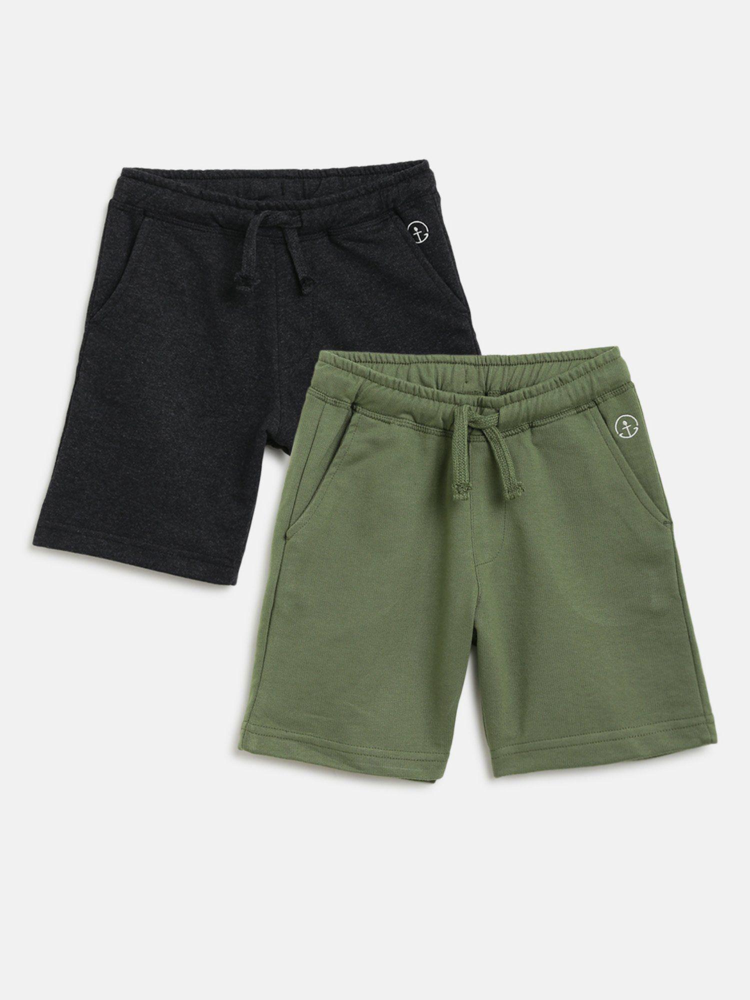 boys larry solid shorts - charcoal grey & olive green (pack of 2)