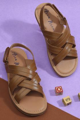 boys leather criss cross brown slip-on sandals - brown