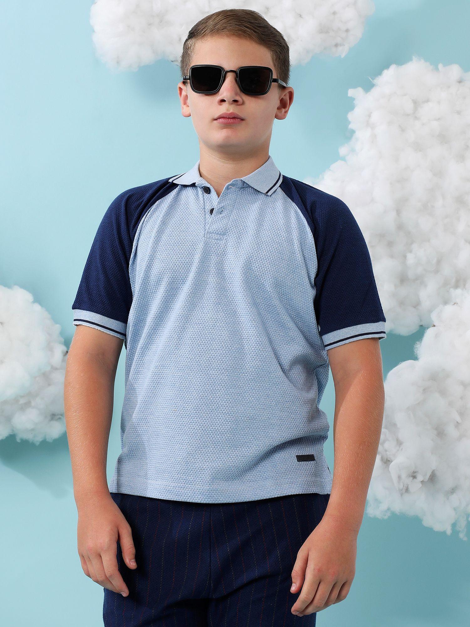 boys light blue & navy blue contrast raglan polo t-shirt