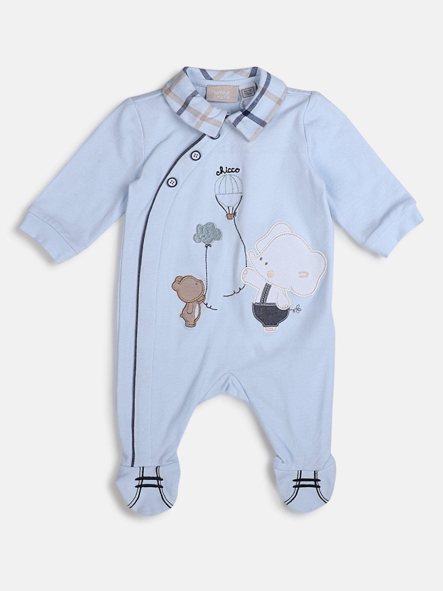 boys light blue stretch front opening rompers