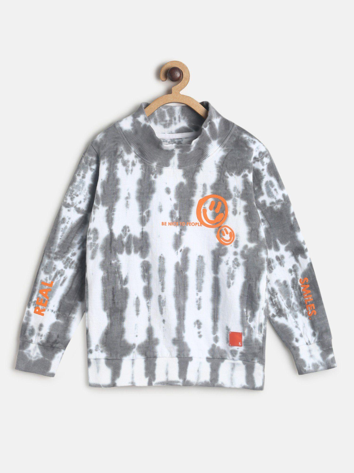 boys light grey cotton poly tie & dye high neck sweatshirt