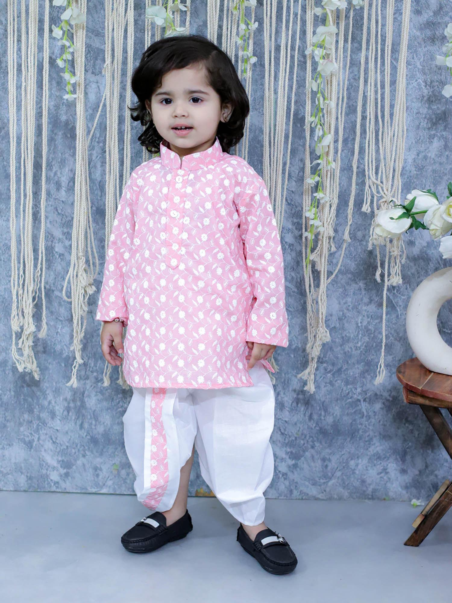 boys lucknow chikankari kurta with dhoti -pink (set of 2)